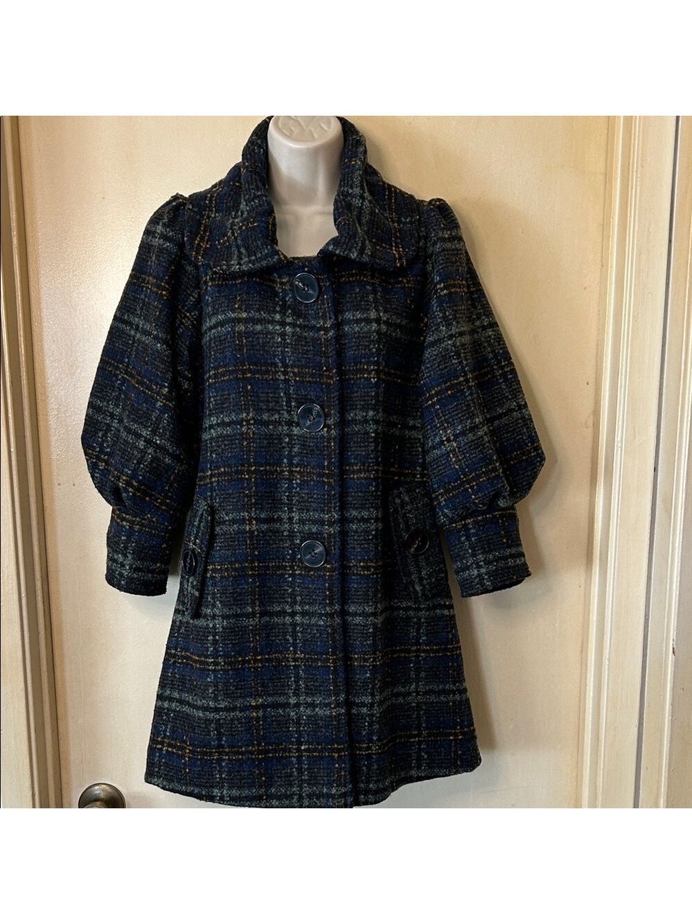 Anthropologie hazel Navy and Green Plaid Tweed Swing Coat size S